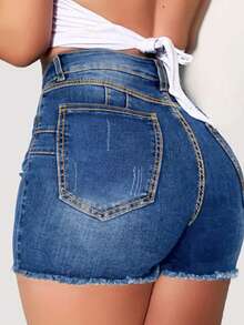 大码女式高腰热裤 – 前扣设计，毛边裤脚，夏季款 - 藍色 - 查看 3