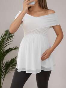 Maternity Off-Shoulder Ruffle Hem Blouse Elegant White Short Sleeve Flare Hem Blouse - White - View 3