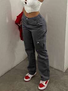 NVFelix 2026新款女士高腰侧翻口袋工装裤，轻盈弹力面料，多口袋设计，优雅休闲户外Y2K街头风，适合春夏穿着，深灰色 - 深灰色 - 查看 6