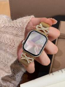 1pc Elegant Gold Bow Tie Magnetic Mesh Stainless Steel Watch Band Women Compatible With Apple Watch S11/10/9/8/7/6/5/4/3/2/1/Se/Ultra, Compatible With Apple Watch 46/49/38/40/41/42/44/45mm, Charm Gifts For Women - Gold - View 5