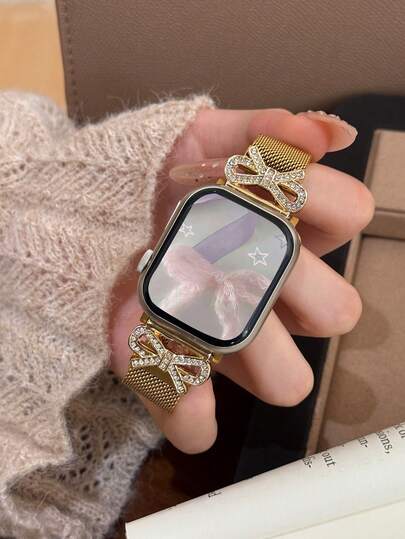 1pc Elegante Goud Bow Tie Magnetic Mesh Stainless Steel Horloge Women Compatible Apple S11/10/9/8/7/6/5/4/3/2/1/Se/Ultra, 46/49/38/40/41/42/44/45mm, Charm view 5