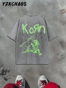 Y2KCHAOS Vintage Band Tee For Men And Women – Dark Gray Cotton T-Shirt With Korn Logo And Grunge Graphic Print, Distressed Rock Music Design, Perfect For Hardcore Fans And Alternative Fashion Lovers – Vintage Style (250 Washed Cotton T-Shirt) Manfinity - Xám - Xem 3