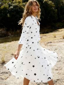 女款星月靓丽印花纽扣优雅长袖翻领衬衫白色宽松休闲印花落肩长袖衬衫春夏长袖上衣 - 白色 - 查看 7