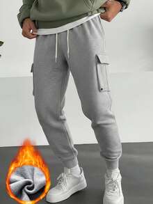 MAISONFOX Men's Loose Flap Pocket Side Drawstring Elastic Waist Long Cargo Pants, Solid Color Light Gray Casual Pants, Suitable For Outdoor, Commuting, Office, Winter Work Wear Thickened Faux Lamb Wool Lining Drawstring Waist Casual Pants, Warm And Comfortable For Leisure And Home Wear - Light Grey - View 11