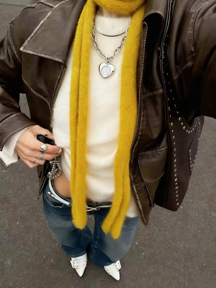 1pc Design Slightly Rolled Edge Thin Scarf Fashion Wear Long Versatile Scarf Thin Narrow - Yellow - View 1