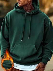 Men's Solid Color Drop Shoulder Long Sleeve Drawstring Pocket Casual Hoodie, Autumn/Winter, Back To School Season - Green - View 4