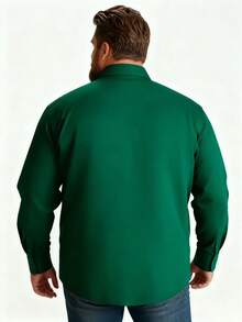 男士加大码休闲橄榄绿长袖衬衫，简约纯色，适合日常穿着和通勤，春秋季 - 墨綠色 - 查看 5