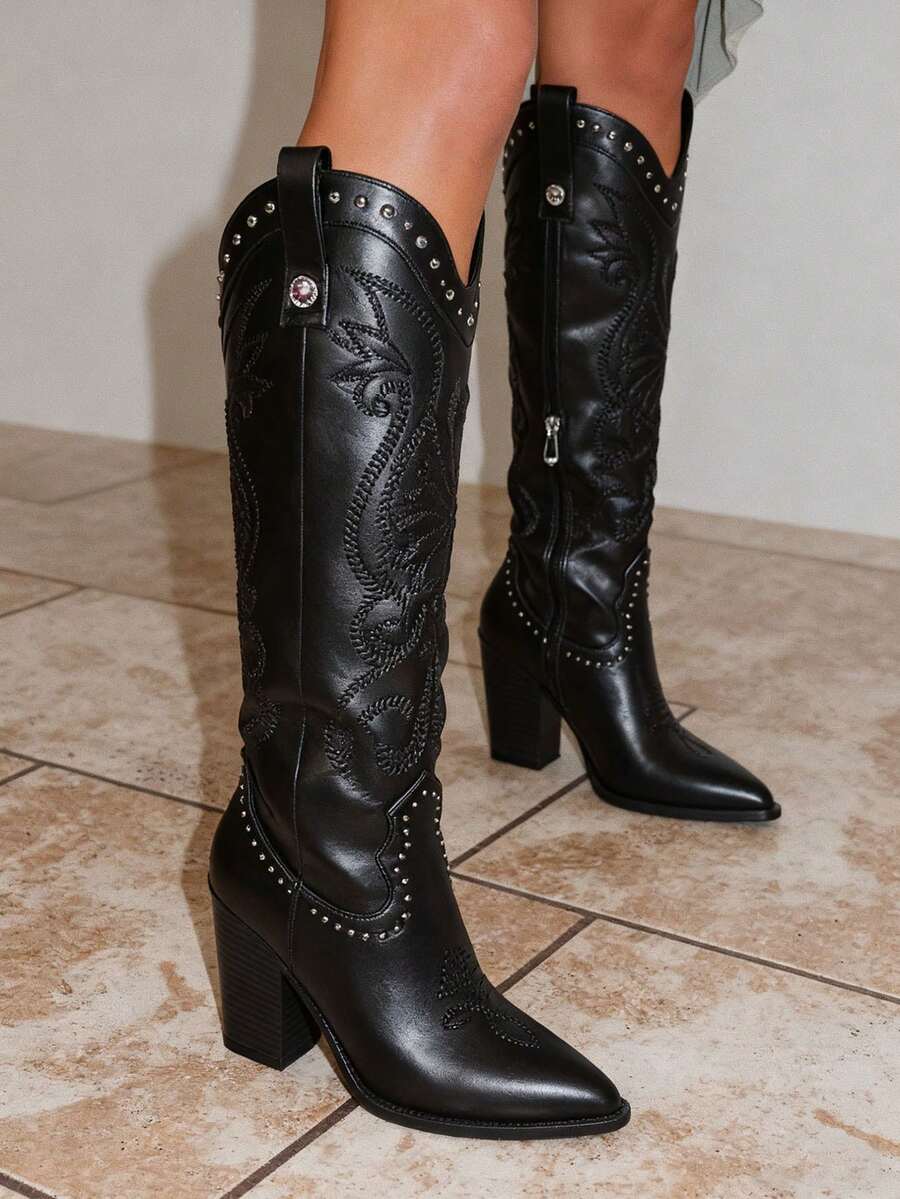 Women Wide Calf Western Boots Rivet Knee High Chunky Heel Cowboy Cowgirl Embroidery Boots Vintage Brown Fashion Cool Shoes - 黑色 - 查看 1