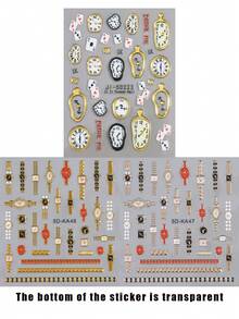 复古浮雕手表图案美甲贴纸，5D金色玫瑰金手表时钟扑克牌蝴蝶结数字图案压花自粘美甲装饰滑块美甲沙龙DIY用品 - 彩色 - 查看 14