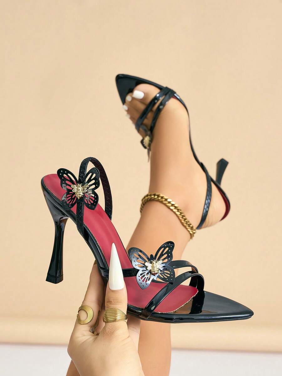 Damen High Heels, geeignet für Frühling, Sommer, Nachtpartys, Reisen, Einkaufen, Treffen, Galas, Laufstegshows, Pendeln, elegante Anlässe. Mit 3D Schmetterling Dekor, dünnen Riemen, modischer spitzer Zehenpartie, Riemen hinten, Cut Out Schmetterling dünne High Heels, einfarbig, spiegelglatte Oberfläche, bequemes Material, sexy, elegant, avantgardistisch, luxuriöser Stil, passend zu Herbstkleidern für Damen, mysteriös, hochwertige schwarze High Heel Sandalen - Schwarz - Übersicht 1