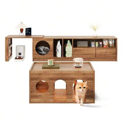 Living Room Furniture Set Including A TV Stand And Coffee Table, 2-Piece TV Unit, Multifunctional Swivel TV Stand, Pet Furniture, TV Stand With Cat Basket, Walnut Furniture Set
