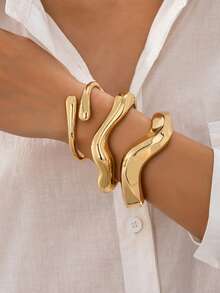 3 piezas/1 pieza Brazalete de onda geométrica minimalista gruesa y lisa de oro, adecuado para mujeres - Amarillo Oro - Ver 1