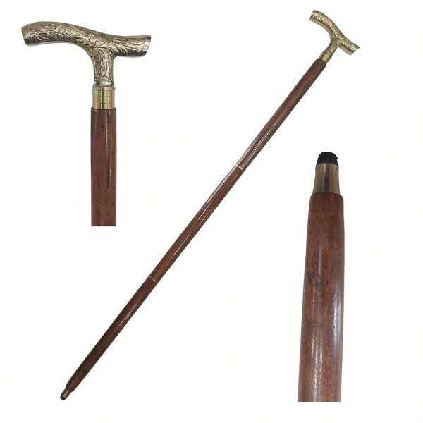 Antique Derby Cane - 37&Quot; Brown Ebony Wooden Walking Stick - Unisex With Golden T-Shaped Handle - Ideal For Christmas