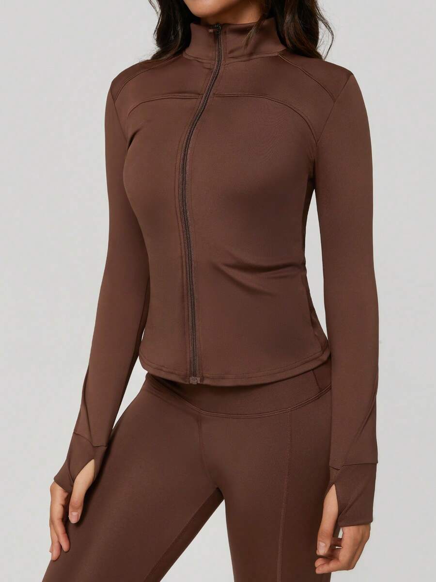 一套女士时尚修身立领拉链拇指孔长袖紧身喇叭裤运动服套装 - 咖啡棕 - 查看 1