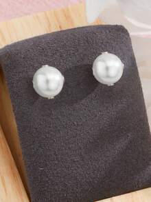 1 cặp/2 chiếc Bông tai ngọc trai giả phong cách retro nhỏ nhắn, thơm ngát, kiểu dáng tròn, trang sức thép không gỉ dành cho nữ - Bạc - Xem 9