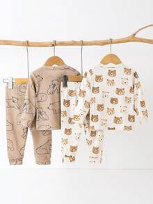 Conjunto de 4 piezas de ropa de estar para bebé de primavera y otoño con estampado completo de elementos lindos de oso, que incluye top de cuello redondo de manga larga, pantalones, adecuado para uso diario con tela cómoda - Multicolor - Ver 3