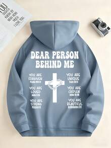 男士休闲街头连帽衫，饰有十字架元素和英文标语印花，秋冬款 - 淺藍色 - 查看 5