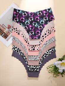 8条/包 - 纯色和豹纹波浪边设计性感无痕光滑透气女士内裤 - 彩色 - 查看 2