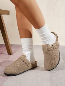 Pantuflas con forro de felpa de moda para mujer, cómodas para interiores/exteriores, adecuadas para vacaciones, ocio, zapatos planos versátiles - lana de cordero marrón - Ver 4