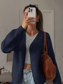 女装秋冬新款法式浪漫淑女休闲森女百搭简约优雅针织开衫上衣 - 藏蓝色 - 查看 2