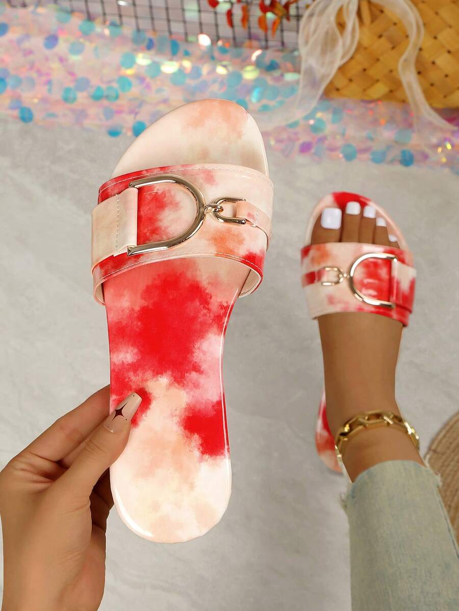 2025 Summer New Flat Slippers, 1 Pair Of Elegant Flat Shoes With Fashionable Retro Gold Buckle Sandals, Beach Vacation Shoes, Elegant Lady, Preppy College Style, Avant-Garde Vacation, Beach Bohemian, Casual PU Leather Buckle Beach Holiday Wedding Party Office Home Outdoor Spring Summer Autumn - Hot Pink - View 1