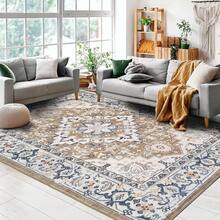Washable Area Rug 5x7 - Soft Faux-Wool Area Rug Living Room Bedroom, Boho Vintage Floral Medallion Non-Slip Low Pile, Pet Friendly, Blue White - Brown Beige - View 8