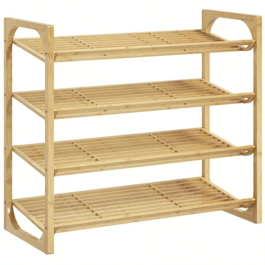 Schuhregal Schuhständer aus Bambus 4 Ebenen für bis zu 12 Paar Schuhe mit Griff für Eingang Schlafzimmer 76 x 33 x 67 cm Natur - Camel - Voir 1