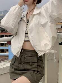 Chaqueta con cuello alto y protección solar para mujer Chaqueta deportiva corta de manga larga con cremallera y cordón ajustable para el verano Chaqueta corta y ligera para mujer Prenda exterior versátil, transpirable y con protección UV para el verano, recién llegada Prenda con cuello alto y protección solar - Blanco - Ver 6