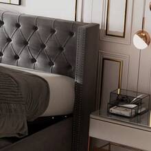 Upholstered Bed In An Ear Shape. Double Row Of Flannel Rivets, Buttoned Seams At The Head And Foot Of The Bed, Double Bed 140*200. Functional Hydraulic Bed. The Slatted Base Is Covered In Black, Stain-Resistant Fleece, Grey. - Grey - View 8