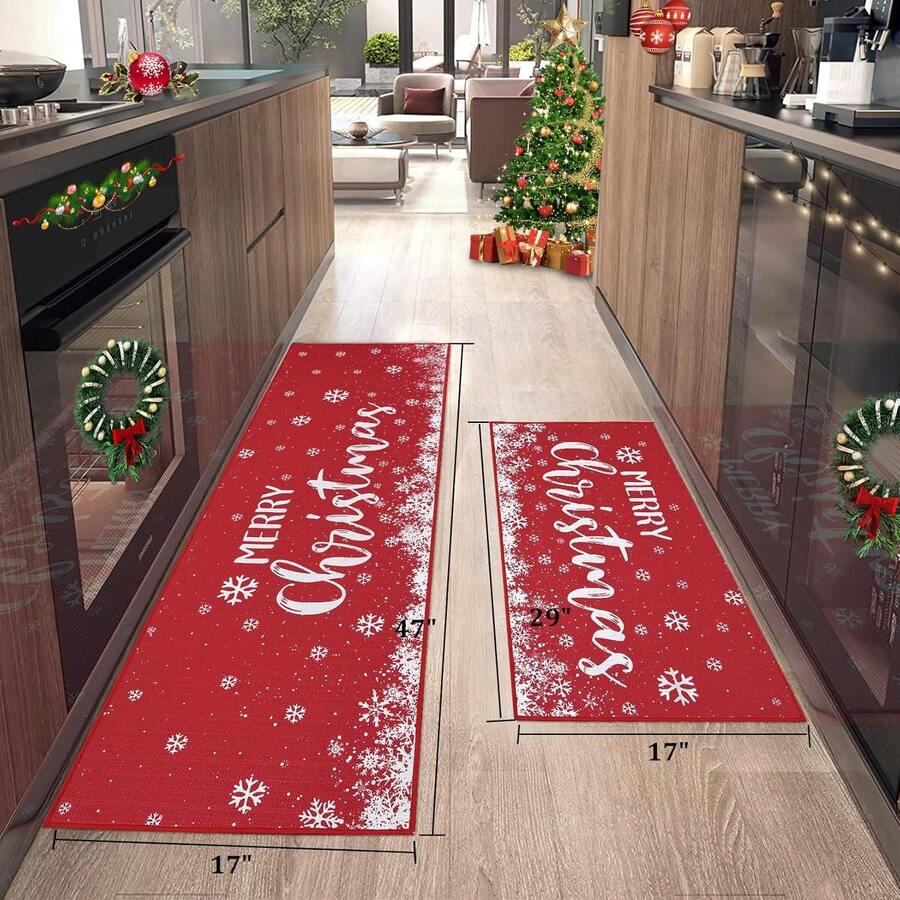 Christmas Kitchen Rug Sets Holiday Merry Christmas And Snowflake Kitchen Mat Sets Of 2 Non-Slip Door Mat Runner Rug Decorative Xmas Kitchen Floor Mat For Home Decoration - Rojo - Ver 1