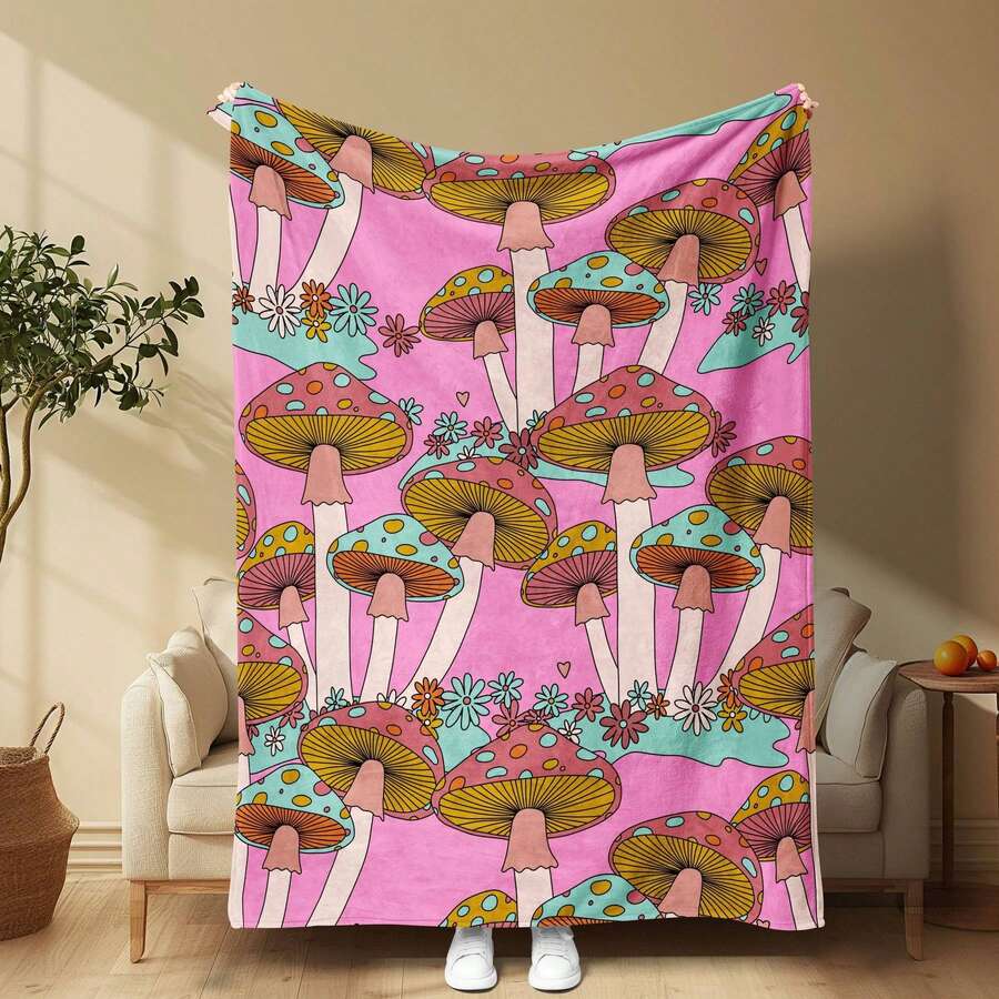 Contemporary Mushroom Pattern Flannel Throw Blanket - Soft Warm Knitted Polyester Throw For Sofa, Napping, Travel, Home Decor - All-Season Cozy Blanket For Festive Gifts And Camping, Soft Flannel Blanket - Multiple Sizes, Cozy Must-Have - 彩色 - 查看 1