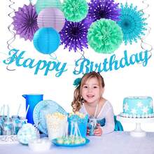 Winter-Wonderland Christmas-Snowflake Frozen Birthday Party-Decorations - 21pcs Happy Banner,Blue Purple Teal Paper Lanterns Honeycomb Streamers,Tissue Pom Poms Flower Fan,Hanging Decor - 藍色 紫色 青色 - 查看 5