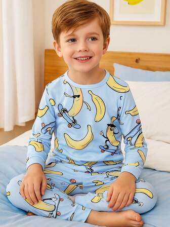 2pcs Cartoon Banana Print Long Sleeve Pajama Set, Cute Boys Loungewear