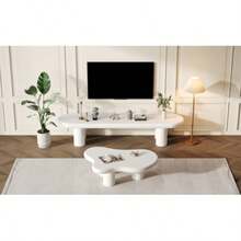 Modern TV Stand And Cloud-Shaped Coffee Table Set – White TV Stand With Rounded Edges (For 65-Inch TVs) And Artistic Cloud-Shaped Side Table