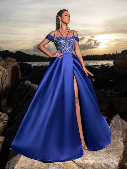 Faeriesty Women's Elegant Satin Formal Evening Gown With Lace-Up Back, Spaghetti Straps, And Intricate Embroidery For A Dazzling Figure-Hugging Silhouette - Perfect For Romantic Anniversary Dinners, Sophisticated Galas, Upscale Red Carpet Events, And Grand Evening Parties