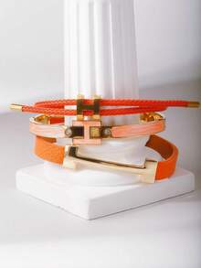 3pcs Fashionable Gold Letter Leather Bracelets, Personalized Charm Jewelry Gift For Girlfriend