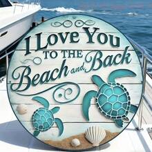 1pc Blue Ocean & Turtle Metal Tin Sign, 'I Love You To The Beach And Back', Therapeutic Round 8*8 Inch Aluminum Sign 2D Flat, Aesthetic Gift For Those Who Like Ocean Style Or Express Love - Multicolor - View 3