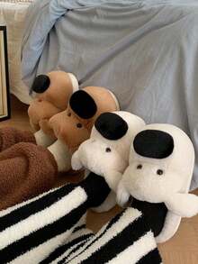 女士冬季室内拖鞋，棕色大鼻子小狗图案，防滑保暖加厚软底 - 棕色 - 查看 5