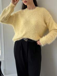 秋冬女装新款奶油黄圆领长袖宽松慵懒风针织毛衣日常穿搭休闲套头衫时尚通勤简约圣诞毛衣上衣。 - 黃色 - 查看 2