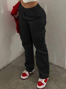 NVFelix 2026新款女士性感高腰侧翻口袋工装裤，轻盈弹力面料，多口袋设计，优雅休闲户外Y2K街头风，适合春夏穿着，黑色 - 黑色 - 查看 4