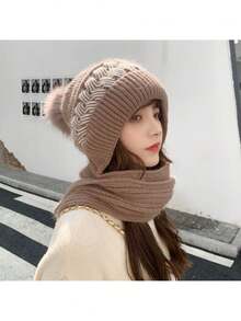Plush Bear Ear Beanie Scarf Set, Cute Knitted Winter Hat For Women, Warm Thermal Lined Fall Valentines Gift,Beach,Travel - Multicolor - View 9