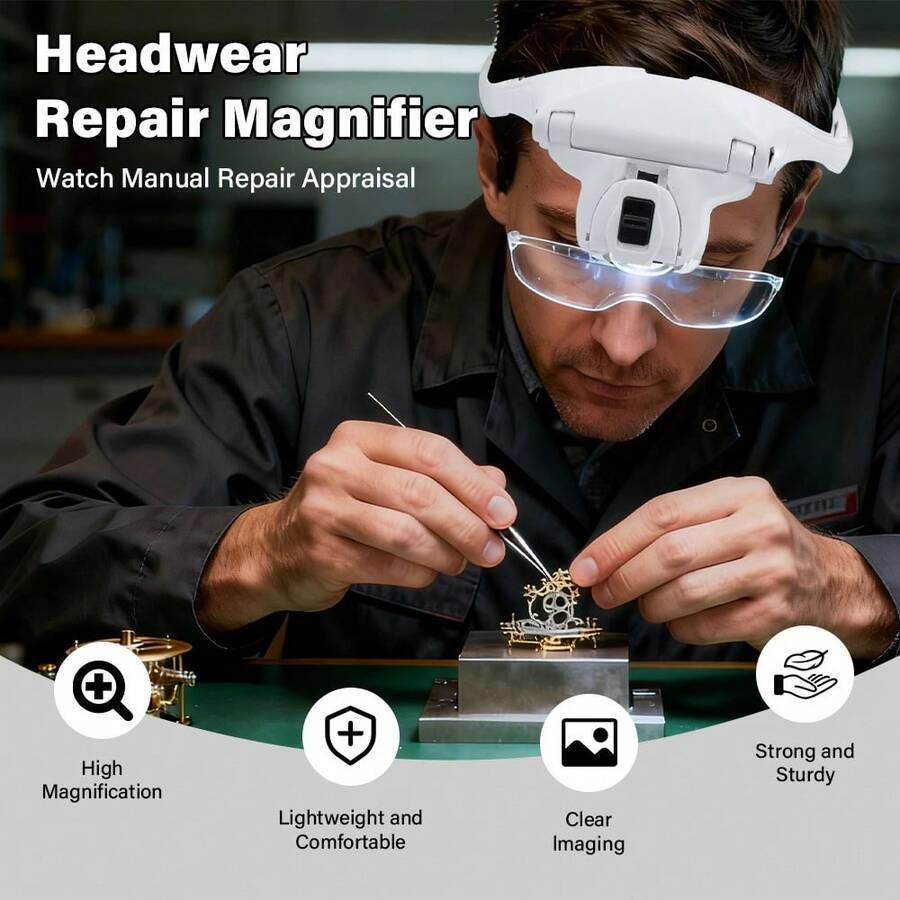 1 Đèn phóng đại rảnh tay đeo đầu - Giá đỡ có thể thay đổi, Băng đô có thể điều chỉnh, 2 đèn LED, Thích hợp cho sửa chữa trang sức, lông mi, đồng hồ, thêu chữ thập và các công việc chính xác - trắng - Xem 1