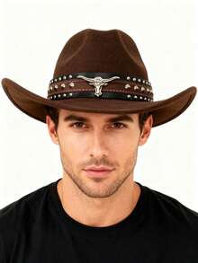 1pc Western Cowboy Hat, Unisex, With Detachable Silver Bull Head Decor Band, Suitable For Casual Everyday Wear, Holidays, And Western-Themed Parties - Multicolor - View 3