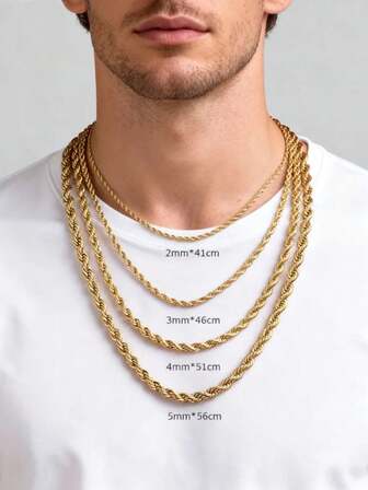 1pc Men's 18K Gold Titanium Steel Twisted Rope Chain Necklace, Simple Chain Necklace, Thick Long Chain Necklace, Personalized Accessory