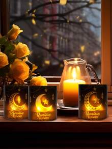 6pcs/12pcs Ramadan Black & Gold Lantern Shades, PVC Moon & Star Pattern, Eid Lantern Table Decor, Lantern Shades (Candles & Lights Not Included), Islamic Ramadan Party Table Decor, Ramadan Party Supplies, Ramadan Mubarak Decorations, Ramadan Home Decor, Eid Mubarak Decorations, Eid Al-Adha Gifts - Black Gold - View 8