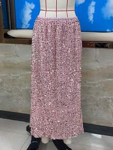 Women's Elegant Sparkly Sequin Midi Skirts Elastic High Waist Shiny Glitter Pencil Formal Party Long Skirts - 墨綠色 - 查看 4