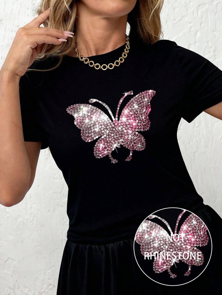 Howell 休閒百搭字母蝴蝶圖案T恤,適合春夏季,舒適且有彈性 - 黑色 - 查看 1