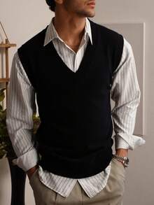 Men's Basic Solid Color V-Neck Sleeveless Sweater Vest, Warm Layering Or Outerwear, Autumn/Winter