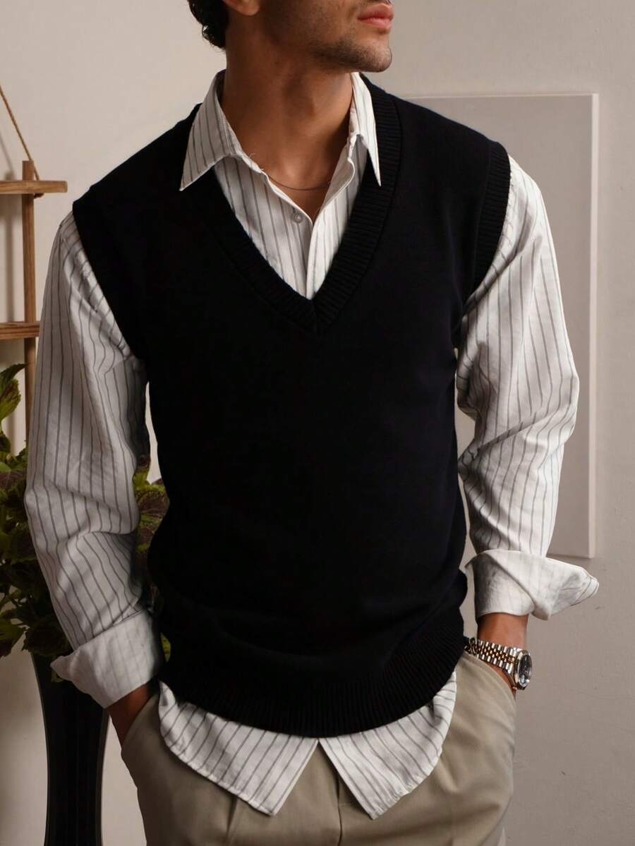Men's Basic Solid Color V-Neck Sleeveless Sweater Vest, Warm Layering Or Outerwear, Autumn/Winter