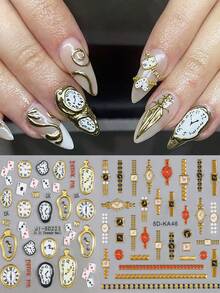 复古浮雕手表图案美甲贴纸，5D金色玫瑰金手表时钟扑克牌蝴蝶结数字图案压花自粘美甲装饰滑块美甲沙龙DIY用品 - 彩色 - 查看 16